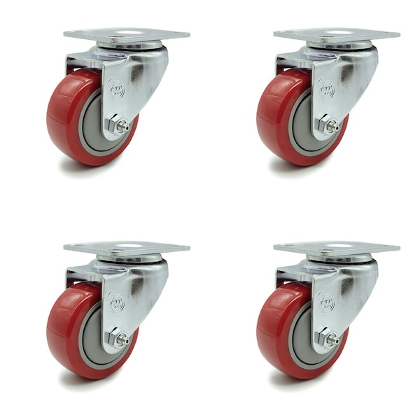 3 Inch Red Polyurethane Wheel Swivel Top Plate Caster Set
